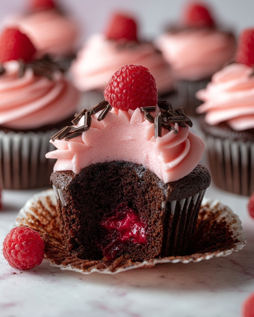 A close-up of a chocolate cupcake with three visual layers: the bottom is dark, moist chocolate cake, in the center a thick, glossy red raspberry filling with a slightly runny texture flows out, and the top is a smooth pink frosting swirled in a spiral pattern. The frosting is decorated with small dark chocolate chunks around the edge, and a fresh bright red raspberry sits on top in the center. Additional similar cupcakes are blurred in the background on a white marbled surface, and a woman's hand reaches to hold one. Photo taken with an iphone --ar 4:5 --v 7