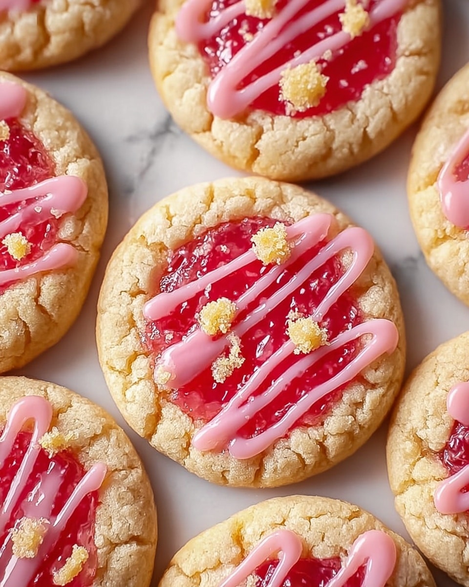 A close-up of round cookies arranged closely on a white marbled surface, each cookie has a light golden beige base with a slightly cracked texture. On top of the base, there is a smooth, bright red jelly layer that fills the center of each cookie. Over the jelly layer, pink icing is drizzled in thick, uneven lines giving a shiny and creamy look. Small, crumbly yellowish cookie crumbs are sprinkled on top of the icing and jelly, adding texture contrast. The overall look is colorful with layers of golden, red, and pink tones. photo taken with an iphone --ar 4:5 --v 7