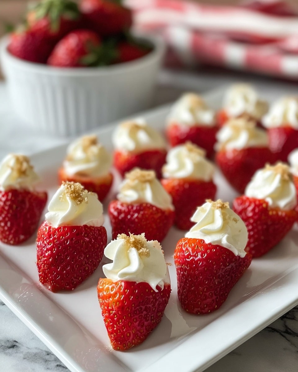 A white rectangular plate holds about fifteen halved strawberries arranged in neat rows. Each strawberry half is bright red with small seeds visible on the surface and a fresh, juicy texture. On top of each strawberry half, there is a swirl of white cream that looks smooth and fluffy. A small sprinkle of light brown crumbs is gently scattered over the cream, adding texture and a bit of color contrast. In the blurry background, a small white bowl filled with whole strawberries sits on a white marbled surface. photo taken with an iphone --ar 4:5 --v 7