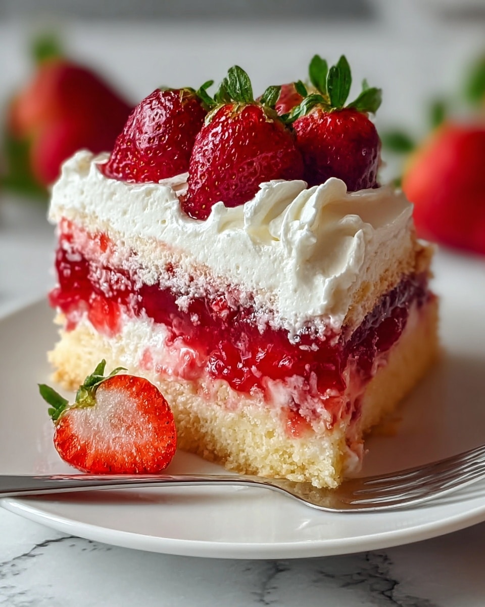 A slice of strawberry shortcake on a white plate shows four visible layers: a golden, crumbly bottom layer, a thick layer of white cream, a bright red strawberry jelly layer with visible fruit pieces, and a fluffy white cream topping. On top, three whole red strawberries with green leaves are placed. Beside the cake, there is a halved strawberry and another whole strawberry on the plate. The white plate sits on a white marbled surface, and a silver fork is placed next to the cake. The photo taken with an iphone --ar 4:5 --v 7