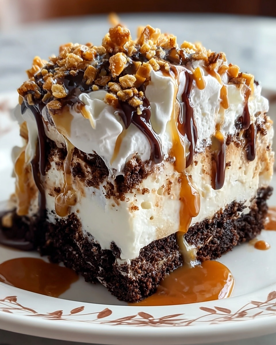A close-up view of a multi-layer dessert on a white plate with a delicate brown pattern, placed on a white marbled texture. The dessert has three main layers: the bottom layer is a dark, moist chocolate cake, the middle layer is a thick white cream with some visible chocolate bits, and the top layer is a generous spread of fluffy white whipped cream. The whipped cream is topped with small golden brown crunchy bits, a drizzle of rich dark chocolate sauce, and a caramel sauce that flows down the sides of the dessert, pooling around the base on the plate. photo taken with an iphone --ar 4:5 --v 7