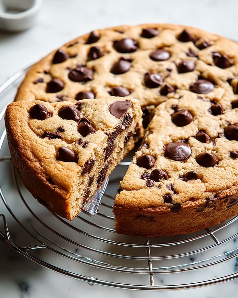 A thick, round chocolate chip cookie cake with one large slice missing sits on a round silver wire cooling rack over a white marbled surface. The cookie cake has a light golden-brown color with dark, semi-melted chocolate chips spread evenly across the top and inside. The texture looks soft and slightly gooey, especially where the slice is missing, showing the dense, rich inside filled with chocolate chips. Photo taken with an iphone --ar 4:5 --v 7