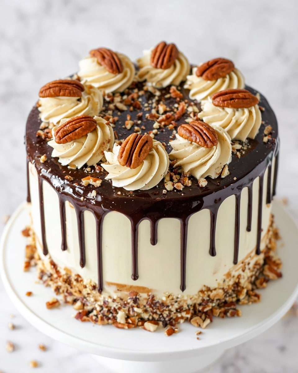 A round, multi-layered cake with a smooth, creamy white outer frosting as the base layer, topped by a thick, glossy dark chocolate drip covering the top and dripping down the sides. On top of the chocolate layer, there are eight evenly spaced swirls of light beige cream, each decorated with a whole, glossy pecan nut. Small chopped pecans are scattered over the chocolate and around the top edge. The base of the cake is surrounded by a ring of finely chopped nuts and chocolate bits. The cake sits on a white plate against a white marbled background. Photo taken with an iphone --ar 4:5 --v 7