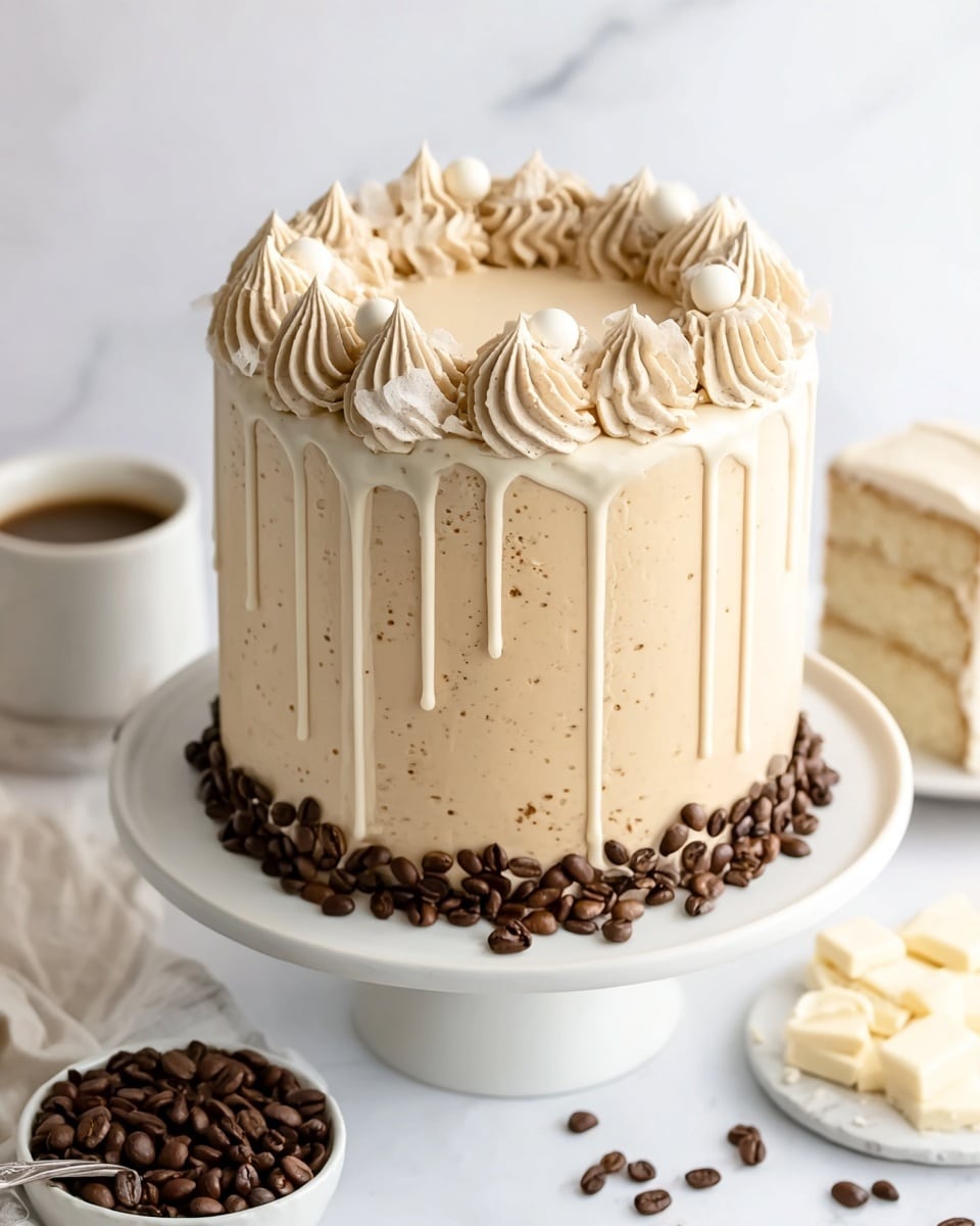 A tall, round cake with a smooth, light beige frosting covers the entire surface, sitting on a white cake stand. A thick, creamy white drip glaze flows down from the top edge, creating uneven vertical drips around the sides. The top has a large ring of swirled beige frosting piped in smooth, pointed peaks, decorated with small white and dark chocolate balls. Around the base of the cake, there is a circle of whole dark coffee beans scattered and resting against the frosting. The background is a white marbled texture, with additional coffee beans and a small white bowl full of coffee beans nearby, along with a block of white chocolate and its shavings. Photo taken with an iphone --ar 4:5 --v 7