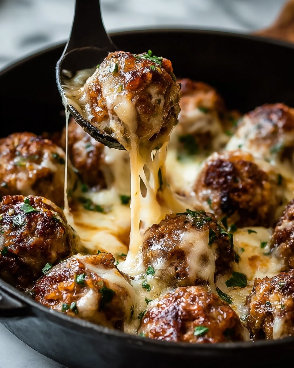 A black pan holds several round meatballs topped with melted, browned cheese that stretches as one meatball is lifted with a black spoon. The meatballs are juicy and have a browned, slightly crispy outer layer with bits of green herbs visible inside and sprinkled on top. The cheese layer is soft and creamy, melting over the meatballs with a golden finish. The pan sits on a white marbled texture surface. Photo taken with an iphone --ar 4:5 --v 7