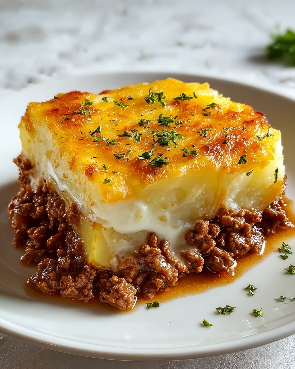 A square piece of layered shepherd's pie sits on a white plate against a white marbled textured surface. The bottom layer is hearty brown minced meat cooked in sauce, slightly spilling over the edges. Above this is a thick layer of tender, pale yellow potato slices. The middle layer is a dollop of soft white creamy mixture, contrasting with the meat and potatoes. The top layer is a golden yellow melted cheese that is slightly browned around edges, sprinkled with finely chopped green herbs, adding a fresh color touch. Photo taken with an iphone --ar 4:5 --v 7