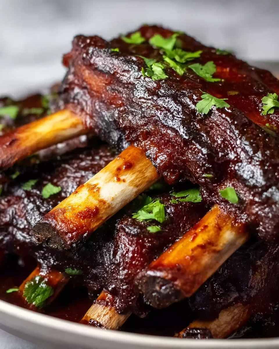A close-up view of several dark brown, glossy ribs stacked on a white plate, each rib showing a thick layer of sticky sauce with a caramelized texture. Small bright green cilantro leaves are scattered over the ribs, adding a fresh color contrast. The ribs' bones are visible, slightly lighter and crunchy looking. The background is a white marbled surface, softly blurred to keep focus on the rich, meaty ribs. Photo taken with an iphone --ar 4:5 --v 7