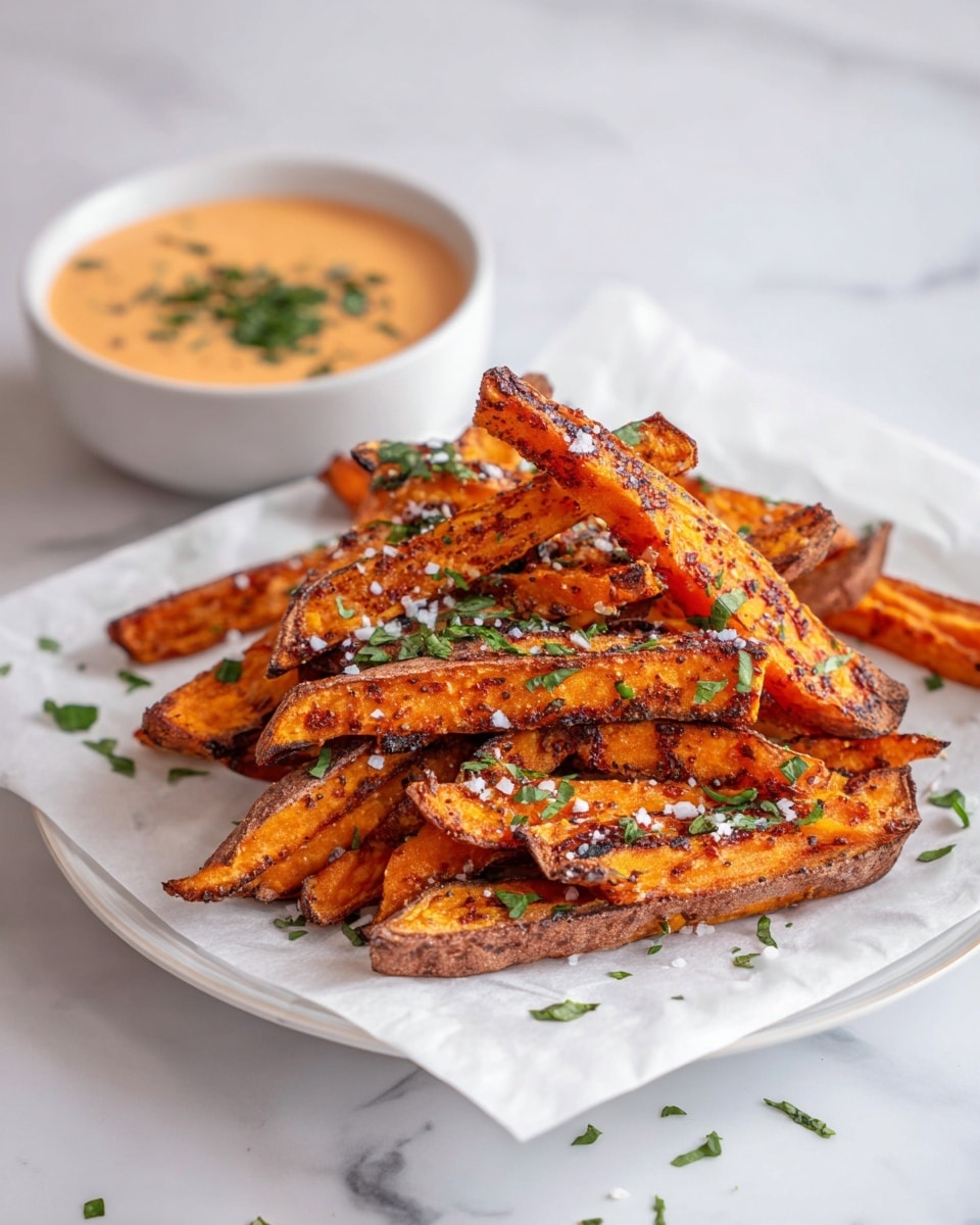 The image shows a pile of crispy sweet potato fries stacked in a rough pyramid shape on white parchment paper, placed on a white plate. The fries are bright orange with a charred, seasoned crust, sprinkled with coarse salt and small bits of fresh green herbs scattered on top. Behind the fries, there is a small white bowl filled with a creamy orange dipping sauce garnished with green herbs. The scene is set on a white marbled surface. photo taken with an iphone --ar 4:5 --v 7