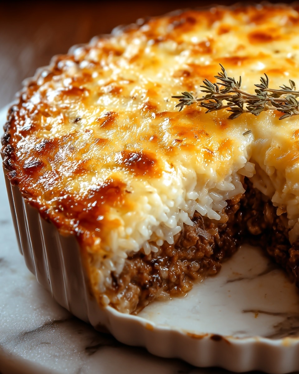 A close-up of a round tart with fluted edges filled with three visible layers: the bottom layer is white rice, the middle layer is brown cooked ground meat, and the top layer is melted golden-brown cheese with a slightly bubbly texture, garnished with a small sprig of thyme in the center; the tart dish is white, resting on a white marbled surface, with warm lighting highlighting the melted cheese's shiny texture. photo taken with an iphone --ar 4:5 --v 7