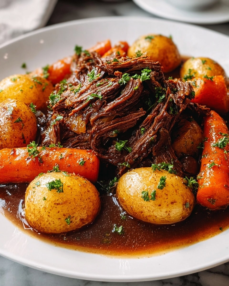 A white plate sits on a white marbled surface filled with a generous serving of shredded dark brown beef in rich, glossy gravy at the center. Surrounding the beef are golden roasted baby potatoes and vibrant orange baby carrots, all coated with the same sauce. Small green parsley pieces are sprinkled across the dish, adding a fresh contrast to the hearty colors. The textures range from the tender, fibrous meat to the smooth, slightly wrinkled potatoes and firm carrots. photo taken with an iphone --ar 4:5 --v 7