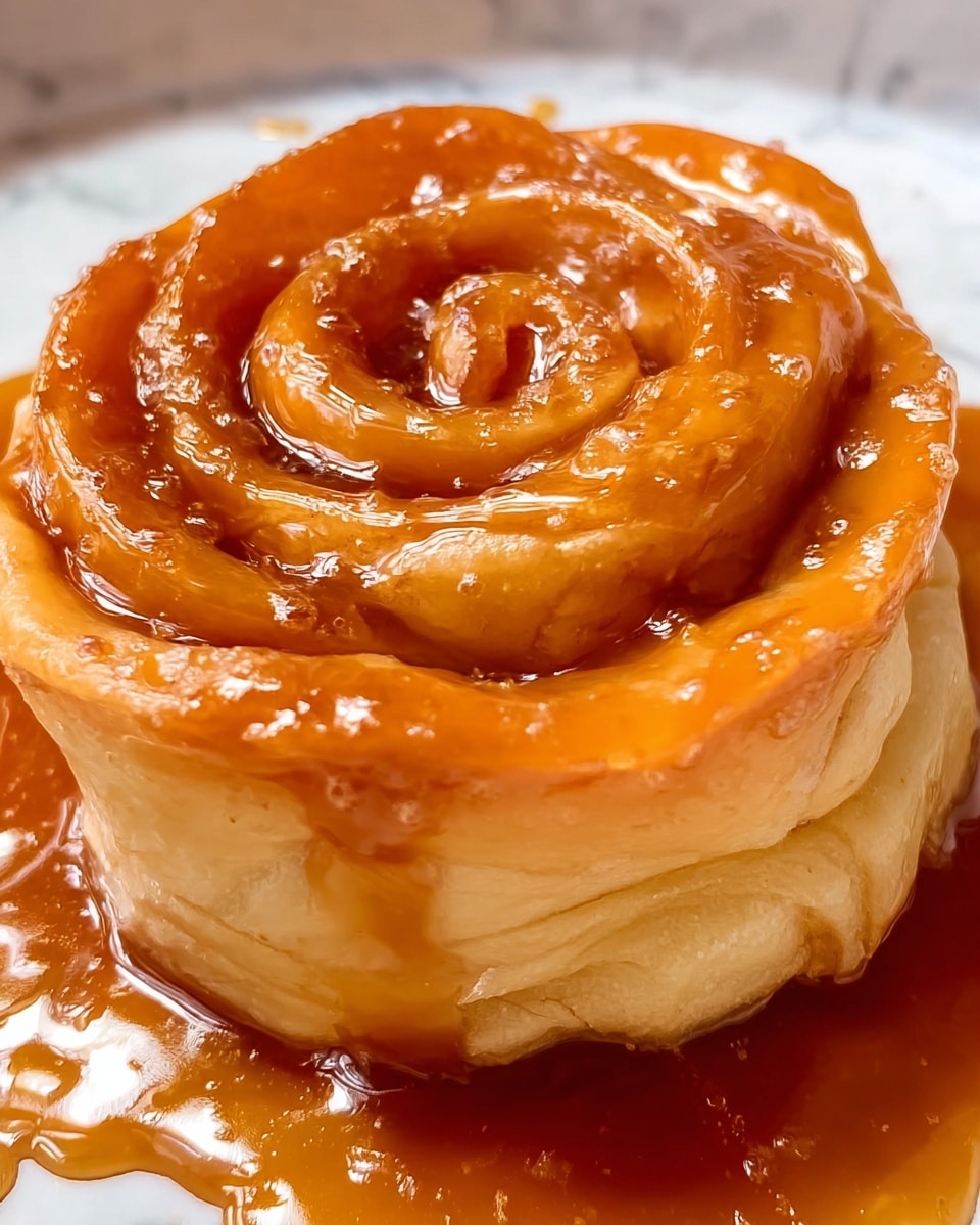 A close-up of a small rose-shaped pastry with about four visible layers spiraled tightly to form the petals of the rose. The pastry is light golden brown with a slightly glossy texture from a shiny caramel sauce generously coating the top and pooling around the base on a white plate. The caramel has a rich amber color with small bubbles adding texture, and the layers of the pastry show soft, smooth dough edges that catch the light. The white marbled surface underneath the plate is faintly visible around the edges. photo taken with an iphone --ar 4:5 --v 7