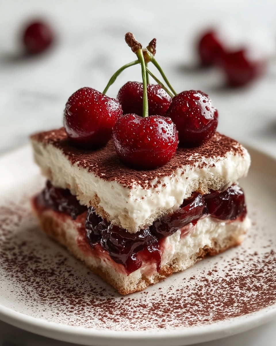 A single square piece of layered dessert sits on a white plate with cocoa powder dusted around it. The bottom layer is light brown and textured like ladyfinger biscuits. Above it is a thick, dark red layer of shiny cherry filling with visible whole cherries inside. On top of the cherry layer is a thick, creamy off-white layer of whipped cream or mascarpone. The very top is dusted with fine dark brown cocoa powder. Four glossy, fresh cherries with water droplets and green stems crown the dessert in the center. The scene is set on a white marbled surface. Photo taken with an iphone --ar 4:5 --v 7