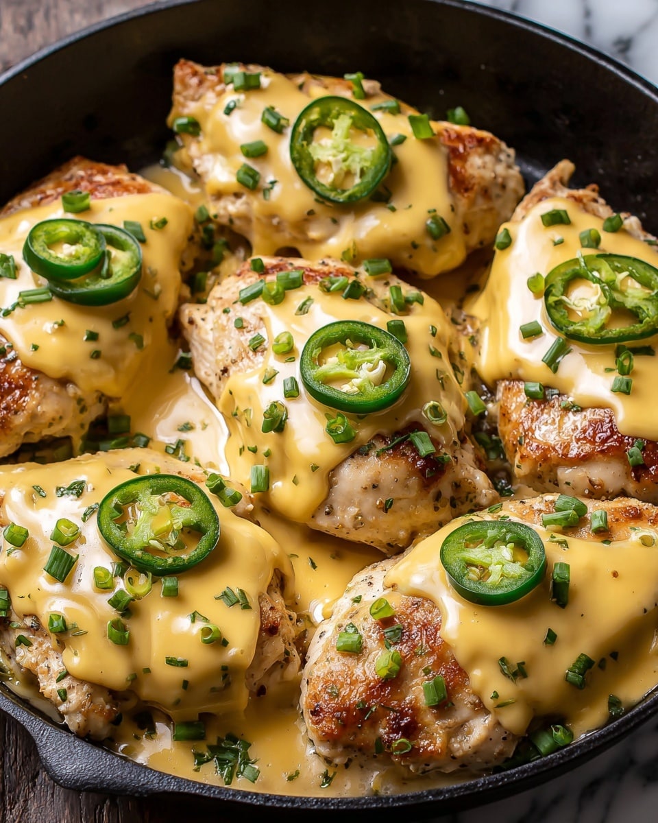 This image shows six pieces of cooked chicken breasts in a black skillet, each topped with a smooth, melted yellow cheese sauce. On top of the cheese and scattered around are sliced fresh green jalapeno peppers, adding a bright pop of green. The chicken is golden brown with a slightly crisp texture visible under the cheese. Small chopped green herbs are sprinkled over everything, giving a fresh look. The skillet sits on a white marbled surface. photo taken with an iphone --ar 4:5 --v 7