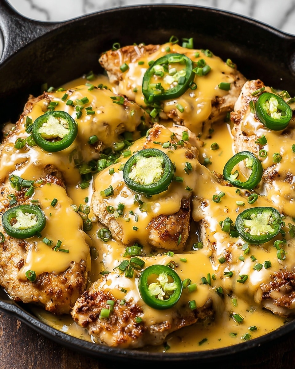 The image shows a black pan filled with six pieces of cooked chicken breast, each piece topped with a smooth, melted yellow cheese layer. The chicken has a lightly browned, slightly crispy texture that contrasts with the creamy cheese on top. Scattered over the chicken and cheese are fresh green slices of jalapeño peppers, adding vibrant color and texture. Small green herb bits are sprinkled across the dish, adding freshness and detail. The black pan contrasts with the bright colors of the food, and the surface beneath it is a white marbled texture. photo taken with an iphone --ar 4:5 --v 7