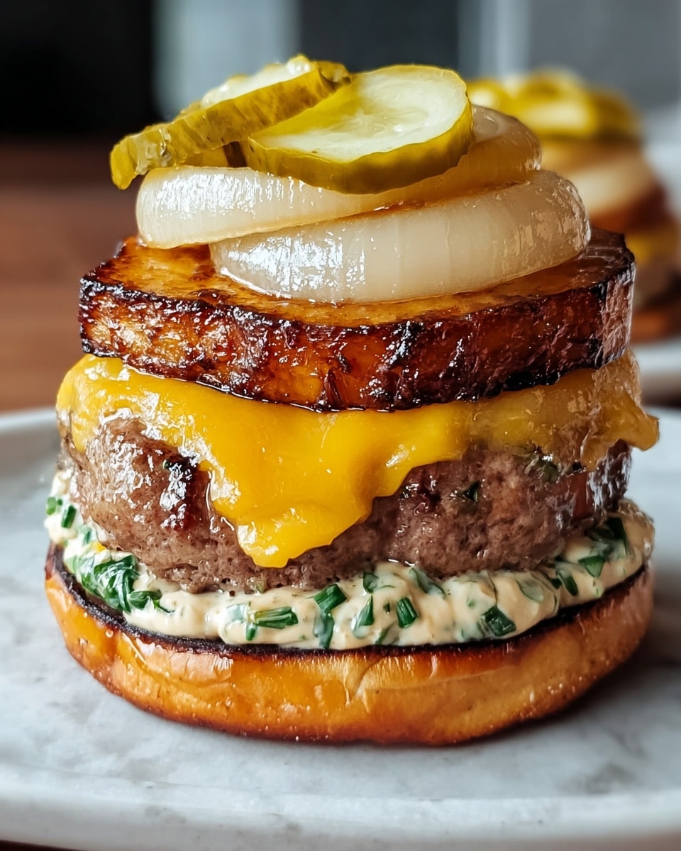 The image shows a close-up view of a layered burger on a white plate with a white marbled texture background. The bottom layer is a slightly charred toasted bun, topped with a creamy sauce layer that has green herb bits visible. Above this is a thick, juicy grilled beef patty with a melted yellow cheddar slice on top. Two thick rings of grilled white onion sit on the cheese, followed by a thick slice of crispy, golden-brown fried tofu. The top layer consists of two thin slices of bright yellow pickles. The textures range from creamy to crispy, with warm tones of brown, yellow, and green. Photo taken with an iphone --ar 4:5 --v 7