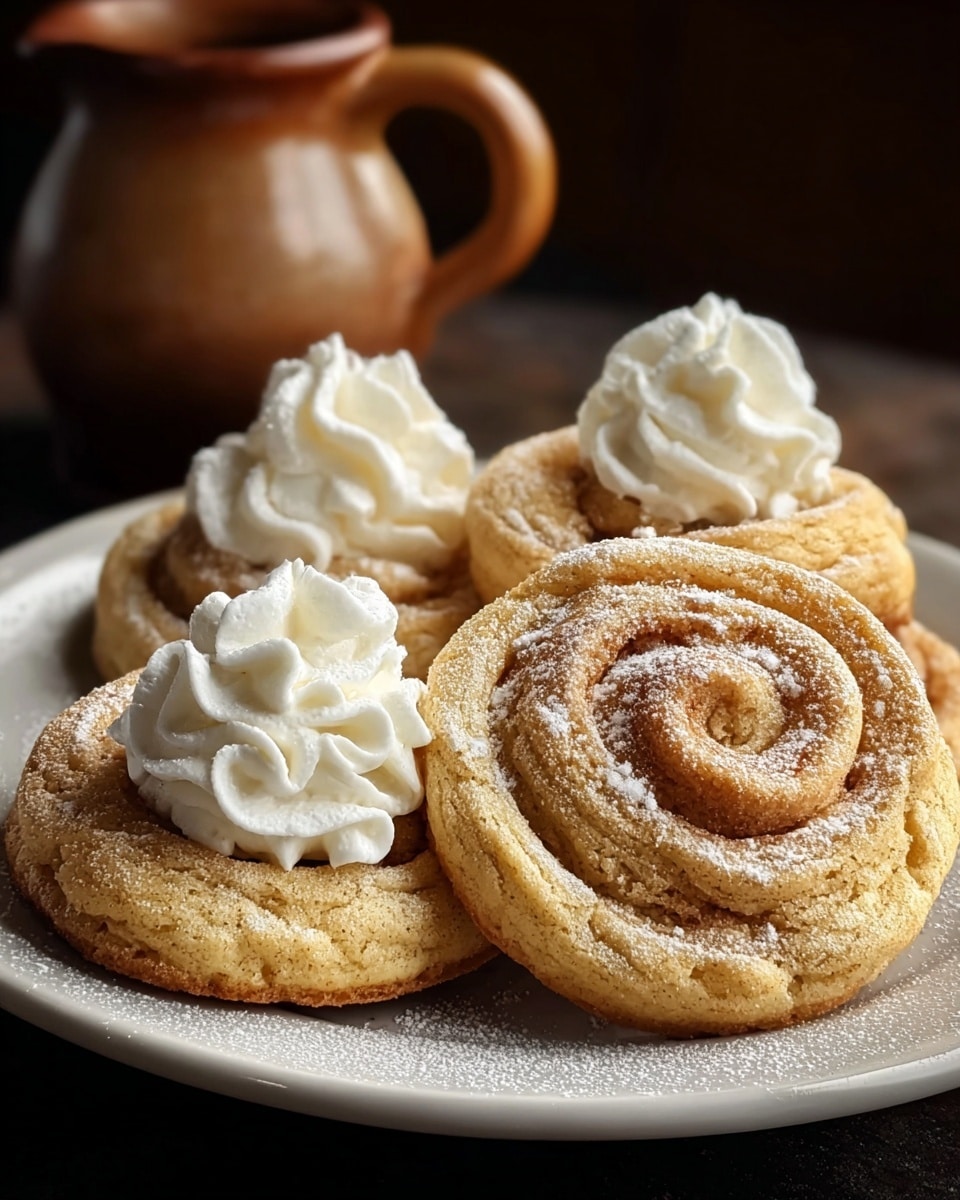 A white plate holds four golden-brown spiral cookies, two of which are topped with swirls of white whipped cream. Each cookie has a soft, uneven textured surface with light cracks and is dusted lightly with powdered sugar, adding a touch of white contrast. The plate rests on a dark surface, with a blurred brown ceramic pitcher in the background. The photo is lit softly to bring out the warm tones of the cookies. photo taken with an iphone --ar 4:5 --v 7