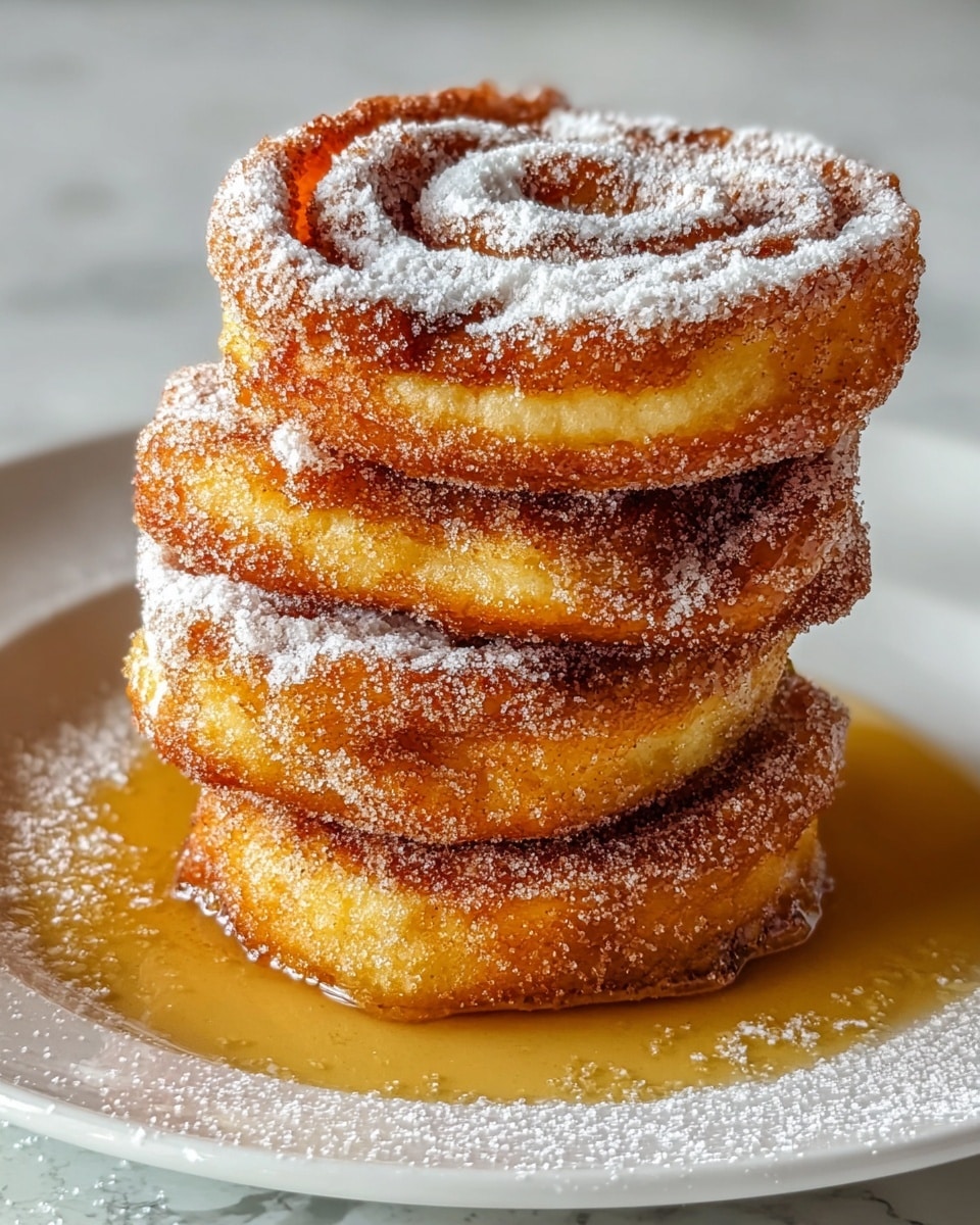 A stack of four round, cinnamon sugar-coated fritters sits on a white plate, each fritter having a golden-brown, crispy outer layer sprinkled with fine white powdered sugar. The fritters show a slightly uneven texture with a spiral pattern and are thick, fluffy, with a soft yellow inside, and they are glistening with syrup pooling around the base. The white plate rests on a white marbled texture surface. photo taken with an iphone --ar 4:5 --v 7