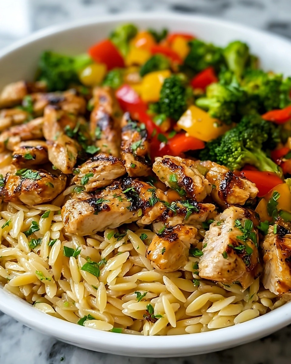 A white plate filled with a colorful stir-fry dish showing three clear layers: the bottom layer of small, shiny, golden orzo pasta; a middle layer of bright green broccoli florets and mixed diced red and yellow bell peppers; and a top layer of well-seared, lightly browned chicken pieces with visible grill marks, sprinkled with chopped green herbs for freshness. The textures range from the smooth, glossy pasta to the firm, juicy chicken and the crisp vegetables, all piled together in a casual but appetizing way. The background is a white marbled surface. photo taken with an iphone --ar 4:5 --v 7