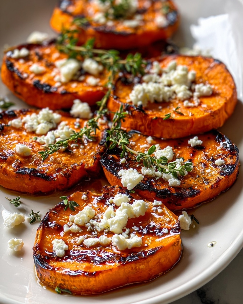 Several thick, round slices of roasted orange sweet potato with dark char marks on the edges fill a white plate. Each slice has a slightly shiny, caramelized surface and is topped with white crumbled cheese scattered unevenly over them. Small green herb leaves, likely thyme, are sprinkled over the cheese and sweet potatoes, with one fresh sprig laid across the middle of the plate. A light drizzle of oil adds a glossy finish to the dish against a white marbled texture background. Photo taken with an iphone --ar 4:5 --v 7