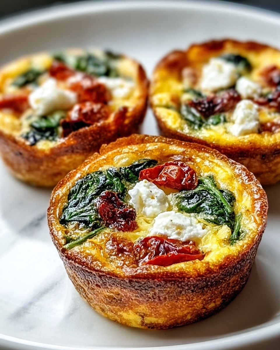 Three small egg muffins sit on a white plate, each about the size of a cupcake. The muffins have a golden brown crust that looks slightly crispy on the edges. Inside, the creamy yellow egg base holds bright green spinach leaves scattered throughout. On top, there are pieces of sun-dried red tomatoes and dollops of white goat cheese sprinkled with small black pepper flakes, creating a mix of soft and textured layers. The white marbled surface beneath the plate adds a clean, elegant background. Photo taken with an iphone --ar 4:5 --v 7