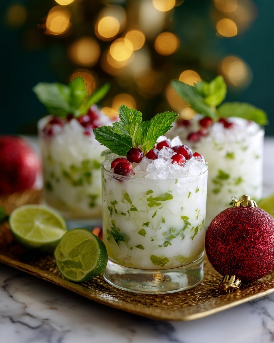 Three clear glasses filled with a creamy white drink layered with crushed ice on top and light green mint leaves floating within and on the surface. Each glass is garnished with fresh green mint sprigs and red berries, adding bright color contrasts. The glasses rest on a textured golden tray, with half limes cut and placed beside the front glass. In the foreground, two red ornaments with green leaves add a festive touch. The background is a soft dark green with warm, blurry golden bokeh lights, all placed on a white marbled surface. Photo taken with an iphone --ar 4:5 --v 7