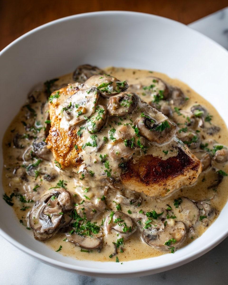 A white bowl holds a piece of browned and crispy chicken breast centered and covered with creamy mushroom sauce that pools around it. The sauce is beige with visible slices of light to dark brown mushrooms spread throughout, giving texture. Bright green chopped herbs are sprinkled over the chicken and sauce, adding fresh color contrasts. The bowl sits on a white marbled surface. photo taken with an iphone --ar 4:5 --v 7