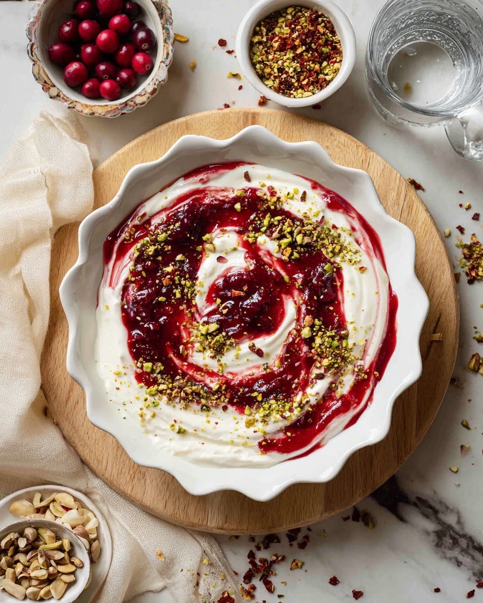 The image shows a white scalloped bowl with three main layers: the bottom layer is smooth white yogurt, the middle layer is bright red jam spread unevenly in swirls, and the top layer is a sprinkle of chopped green pistachios and small red flakes scattered on top. The bowl sits on a light wooden board surrounded by small white bowls containing crushed nuts and chili flakes, three fresh red cranberries, a clear glass of water, and a soft cream-colored cloth. The background is a white marbled texture. Photo taken with an iphone --ar 4:5 --v 7
