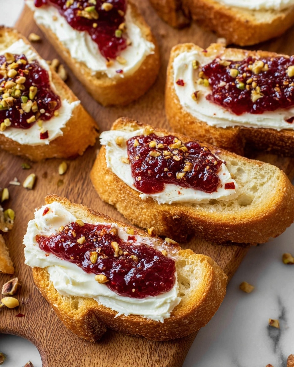 The image shows several pieces of toasted bread slices with three visible layers on each. The bottom layer is the golden-brown toasted bread, crisp and slightly rough in texture. The middle layer is a thick, smooth spread of creamy, white cheese covering most of the bread surface. The top layer is a dollop of glossy, deep red jam, slightly uneven in shape, sprinkled with small pieces of crushed nuts and red chili flakes adding texture and color contrast. The arrangement is on a wooden board with some nut pieces scattered around, all set against a white marbled background. photo taken with an iphone --ar 4:5 --v 7