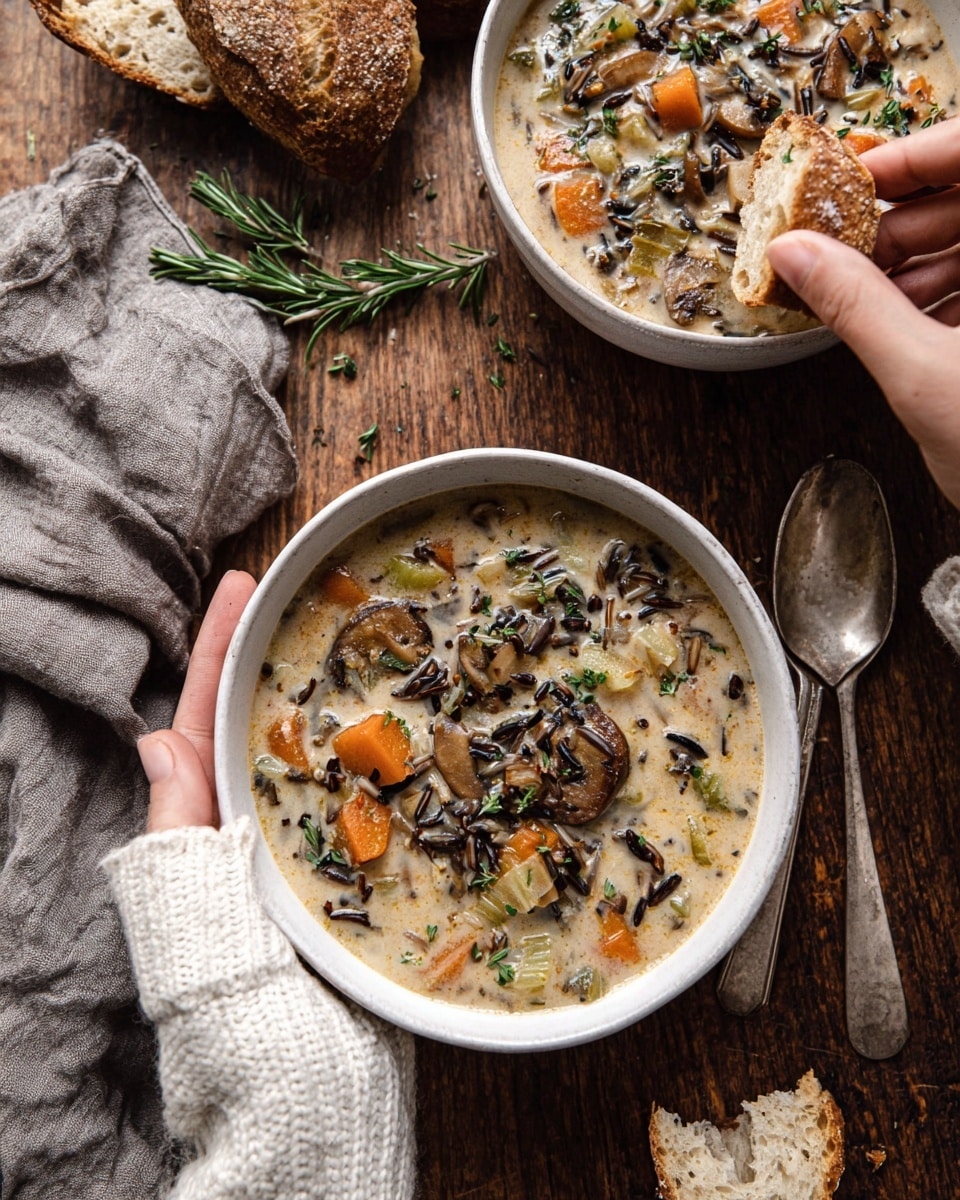 Two white bowls hold a creamy soup with visible pieces of orange carrots, green herbs, black wild rice, and brown mushrooms. The soup surface is smooth and slightly frothy with a light brown oil drizzle. One bowl is held by a woman's hand wearing a white knitted sweater, and a piece of crusty bread is held by another woman's hand poised to dip into the soup from the top right. The bowls rest on a wooden table with two silver spoons nearby, a piece of torn bread, a gray cloth, and a small rosemary sprig. The overall look is warm and rustic. photo taken with an iphone --ar 4:5 --v 7