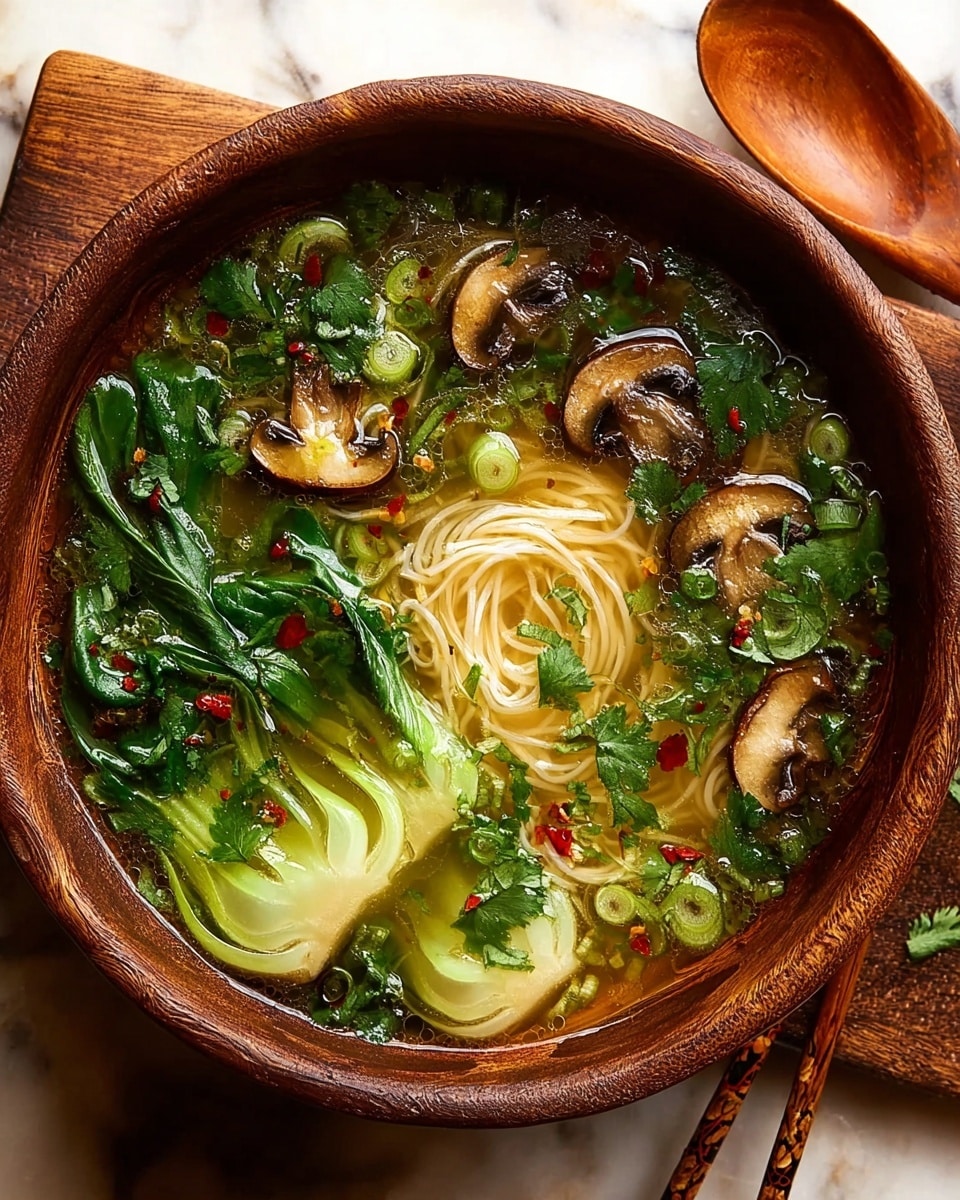 A wooden bowl filled with a clear, golden broth containing thin white noodles swirling softly in the center. Around the noodles, there are bright green baby bok choy halves with a smooth, fresh texture, and several brown, sliced mushrooms with a slightly grilled look. Bits of chopped green onions and cilantro leaves are scattered on top, adding flecks of bright green, while small red chili flakes provide contrast. The bowl sits on a white marbled surface with a wooden spoon and chopsticks nearby. Photo taken with an iphone --ar 4:5 --v 7