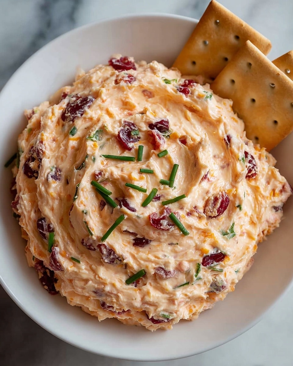 A close-up of a bowl filled with a creamy, light orange cheese spread mixed with small bits of red cranberries and green chives. The spread is swirled smoothly in a round shape with a textured, soft appearance. There are three white crackers placed slightly under the spread on the right side, leaning against the inside edge of the bowl. The bowl is white and sits on a white marbled surface. Photo taken with an iphone --ar 4:5 --v 7