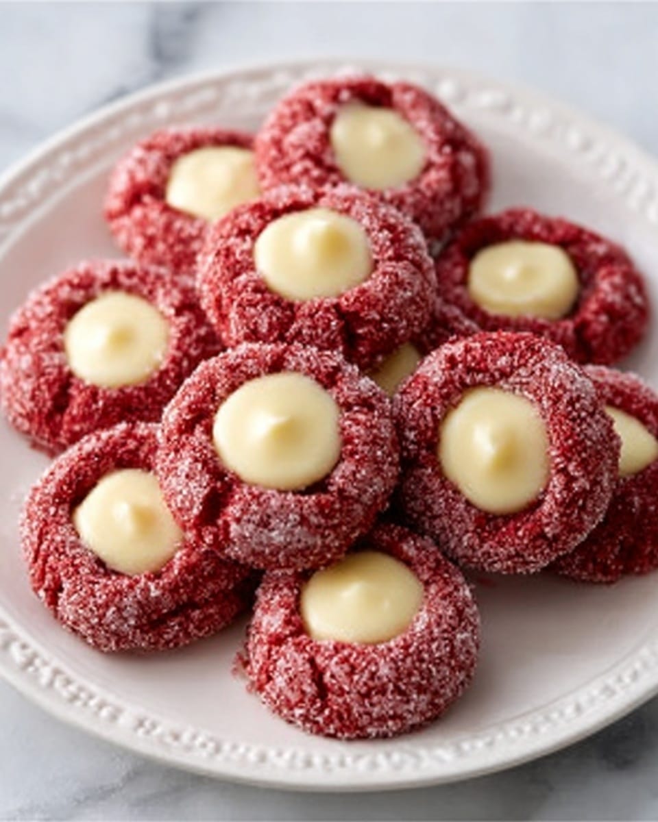 The image shows a white plate filled with round red cookies arranged closely together. Each cookie has a rough, sugar-coated red outer layer that looks soft and textured. On top, there is a smooth white dollop in the center of each cookie, shaped like a small mound of cream or white chocolate, giving a nice color contrast. The cookies sit on a white marbled surface, and the overall scene is bright and clear. Photo taken with an iphone --ar 4:5 --v 7