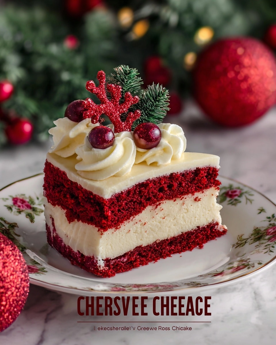 A slice of Christmas red velvet cheesecake is placed on a white plate with floral patterns. The cake has three layers: the bottom and top layers are deep red velvet cake with a soft, moist texture, and the middle layer is a thick, creamy white cheesecake. The top of the cake is covered with smooth white frosting. On top, there is a swirl of white whipped cream, decorated with shiny red berries, a small green pine sprig, and a red glittery coral-shaped decoration. The scene is set against a soft-focus festive background with green pine branches and a red glittery Christmas bauble, all on a white marbled texture. photo taken with an iphone --ar 4:5 --v 7