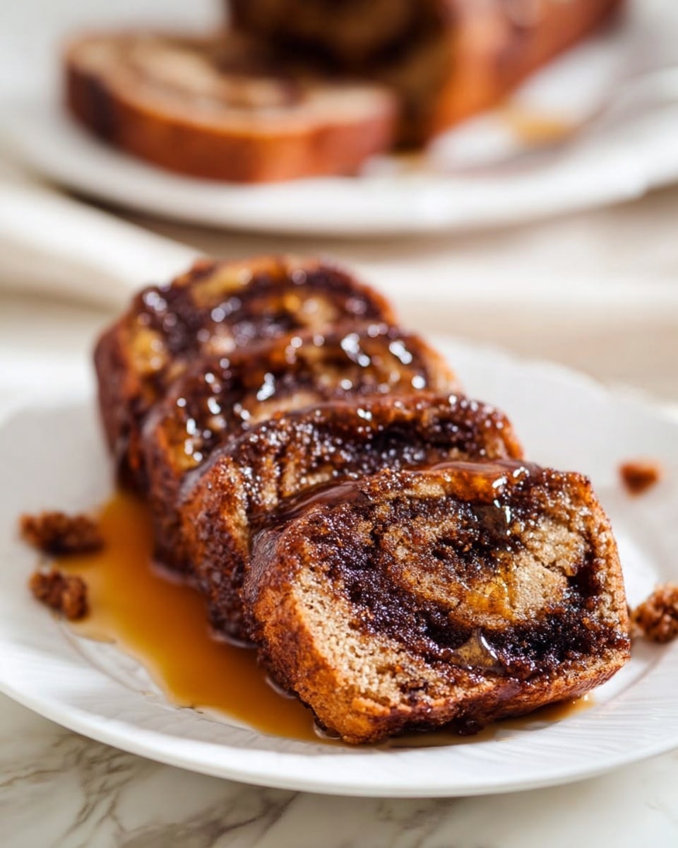 A white plate holds five thick slices of a dark brown cinnamon roll loaf arranged in a slightly fanned-out line, each slice showing a moist, dense texture swirled with cinnamon and sugar. The top of the slices is glossy with a layer of amber syrup that drips down the sides. In the background, a blurred white plate with the rest of the loaf and a white marbled surface underneath complete the scene. Small pieces of the rolled bread sit near the plate edges, adding texture to the composition. The overall look is warm and inviting, with a soft natural light highlighting the syrup's shine. Photo taken with an iphone --ar 4:5 --v 7