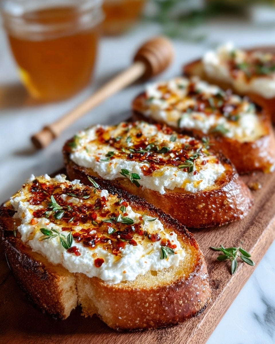 A close-up of three toasted bread slices arranged in a row on a wooden board, each slice showing three layers: the bottom layer is golden-brown crunchy toast, the middle layer is a thick spread of creamy white ricotta cheese with a slightly fluffy texture, and on top, there is a topping of red chili flakes, green fresh thyme leaves, and shiny amber honey drizzled over everything. In the background, a wooden honey dipper and a glass with golden honey are slightly out of focus, all set on a white marbled surface. Photo taken with an iphone --ar 4:5 --v 7