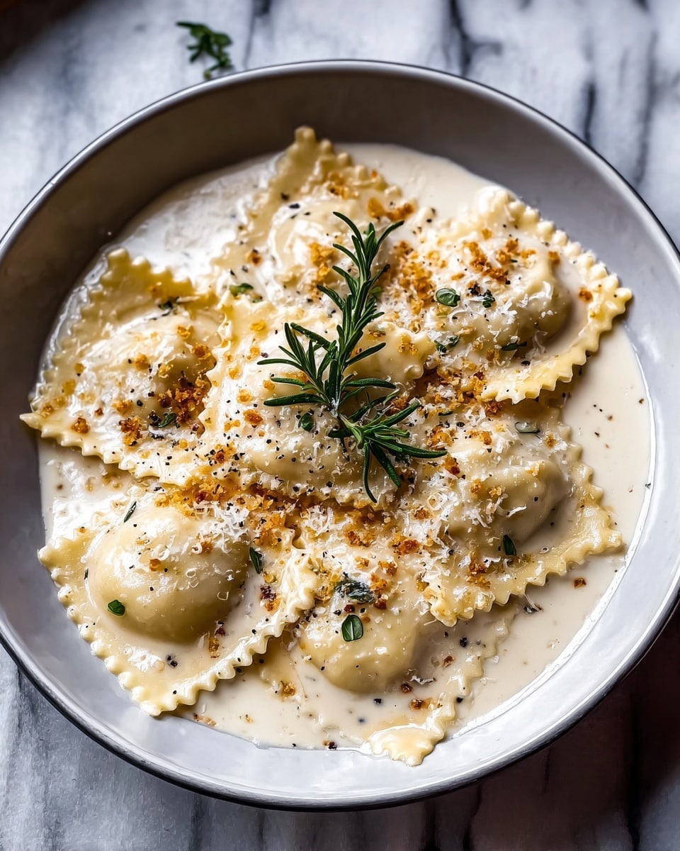 A round white bowl holds six large, square ravioli with ruffled edges, each covered in a thick, creamy white sauce that fills the bottom of the bowl. On top of the ravioli, there is a sprinkling of finely grated cheese and small bits of golden brown crumbs. The dish is garnished with a small sprig of fresh green rosemary placed in the center. The bowl rests on a white marbled surface. photo taken with an iphone --ar 4:5 --v 7