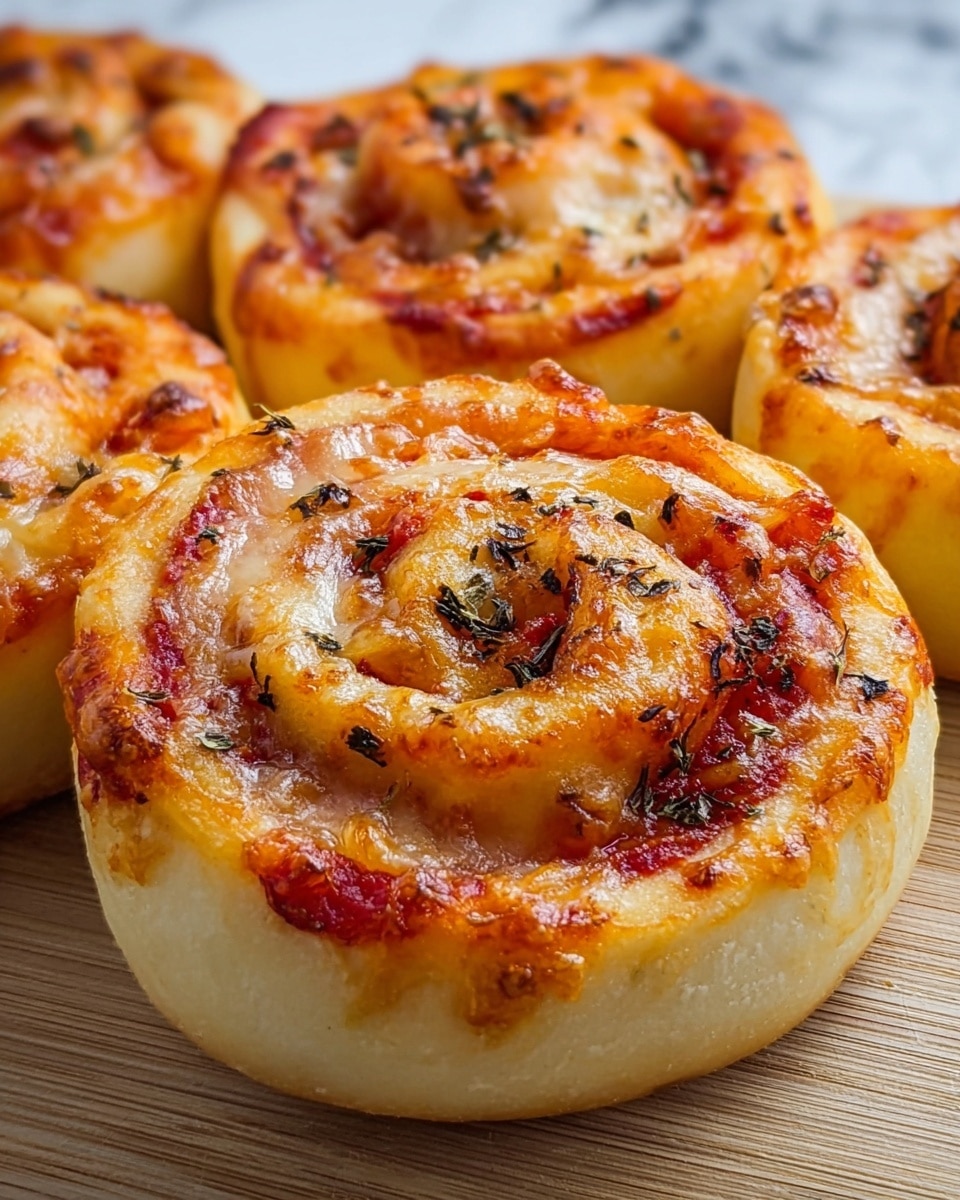 The image shows close-up pizza rolls with a spiral shape and three visible layers. The outer layer is thick dough, golden and soft with a slight crisp on the edges. Just inside the dough, there is a bright red tomato sauce layer that spreads evenly in the spiral. The top layer is melted cheese, slightly browned and bubbly, with scattered small black herbs sprinkled evenly across the surface. The rolls sit close together on a white marbled textured surface. Photo taken with an iphone --ar 4:5 --v 7