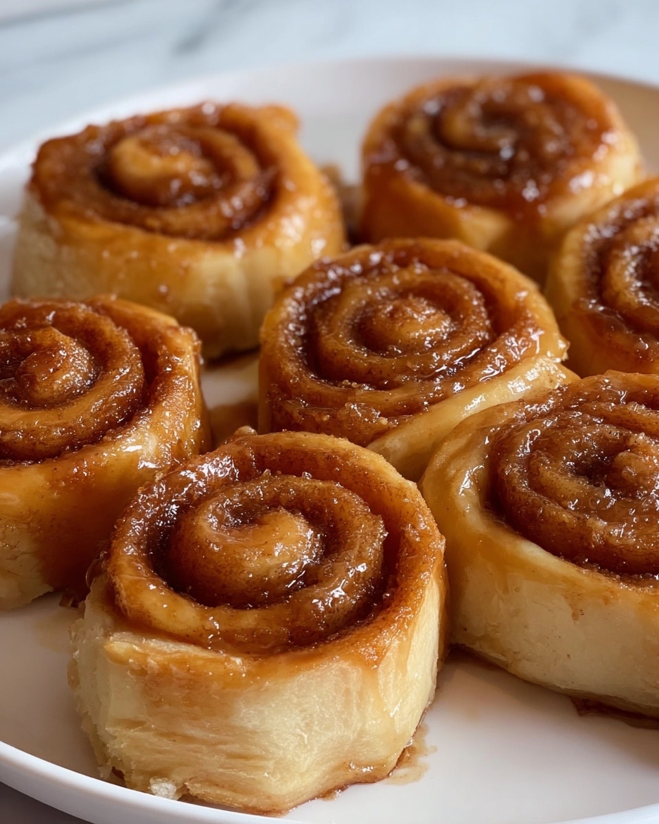 The image shows several small cinnamon rolls arranged closely together on a white plate. Each roll has three visible layers: the outer dough layer is a light golden brown with a soft, flaky texture; the middle layer is a darker caramelized cinnamon filling with a slightly sticky, glossy glaze that highlights the spiral pattern; and the inner layer has a light beige dough texture. The tops of the rolls have a rough, sugary crust with a shiny, syrup-like coating. The plate is set on a white marbled surface. photo taken with an iphone --ar 4:5 --v 7