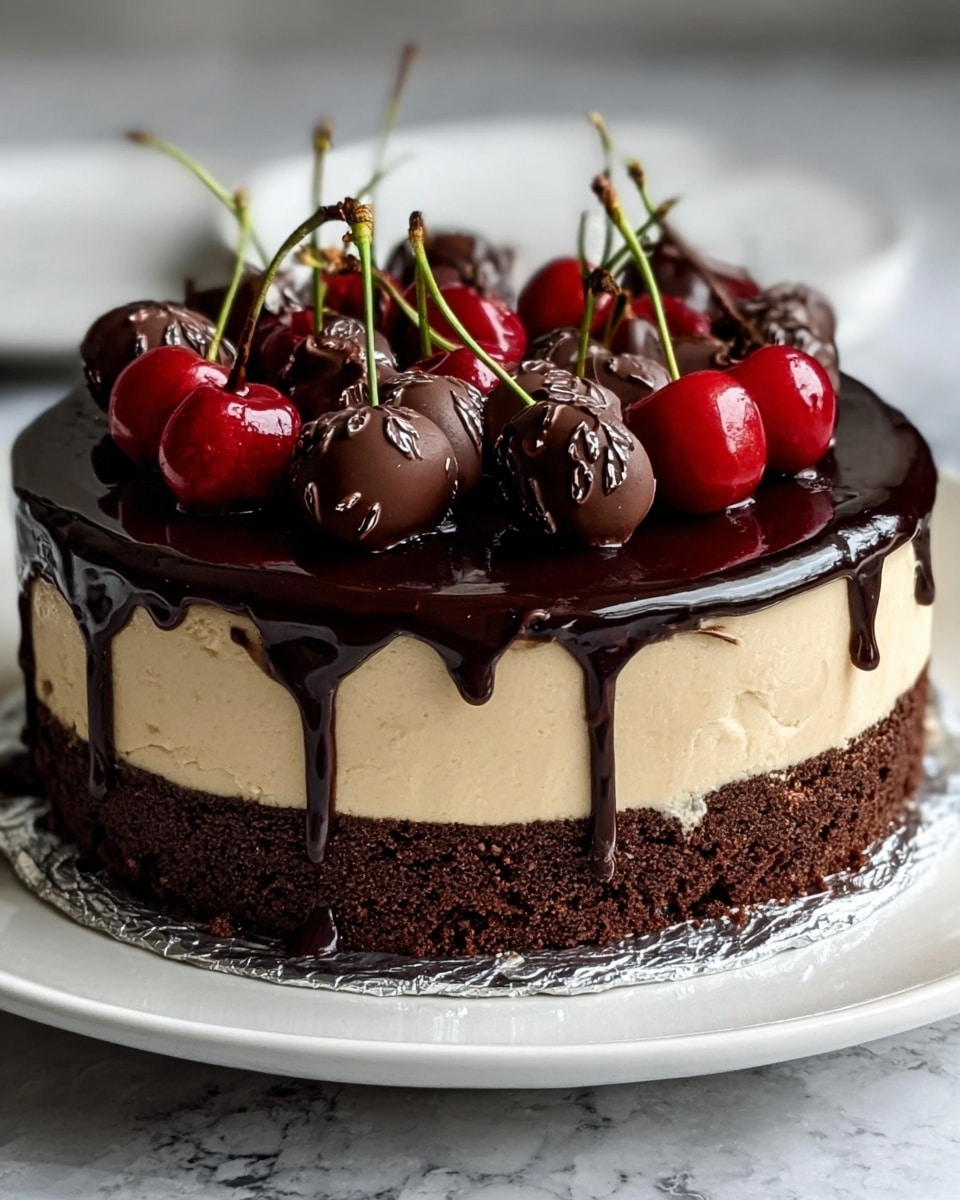 A three-layered dessert cake sits on a white plate with foil under it on a white marbled surface. The bottom layer is thick, dense, and crumbly chocolate brown. The middle layer is smooth, creamy, and light beige, forming a neat thick band. The top layer is a shiny dark chocolate glaze that drips down unevenly over the sides. On top, there are bright red cherries with green stems, some dipped in chocolate with detailed dark designs. photo taken with an iphone --ar 4:5 --v 7