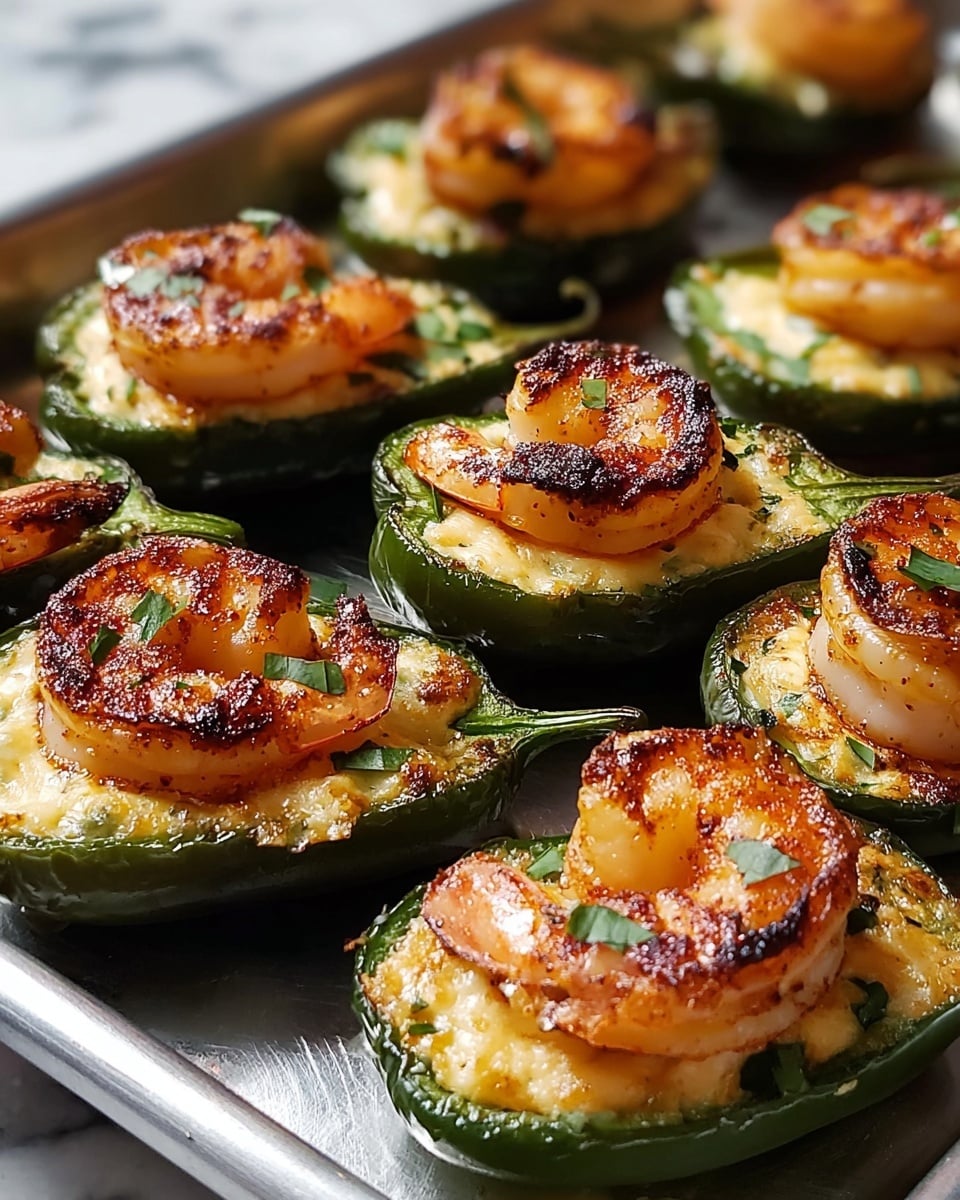 The image shows a close-up of eight green jalapeño halves arranged on a metal tray, each filled with a creamy, light yellow cheese mixture. On top of each cheese-filled jalapeño half sits a single, curled, golden-brown cooked shrimp with a slight char, giving it a textured and grilled look. Some small green herbs are sprinkled for garnish on the shrimp and cheese. The glossy texture of the jalapeños, the browned crispy edges on the shrimp, and the creamy filling create a rich and appetizing presentation. The background is a white marbled texture. photo taken with an iphone --ar 4:5 --v 7