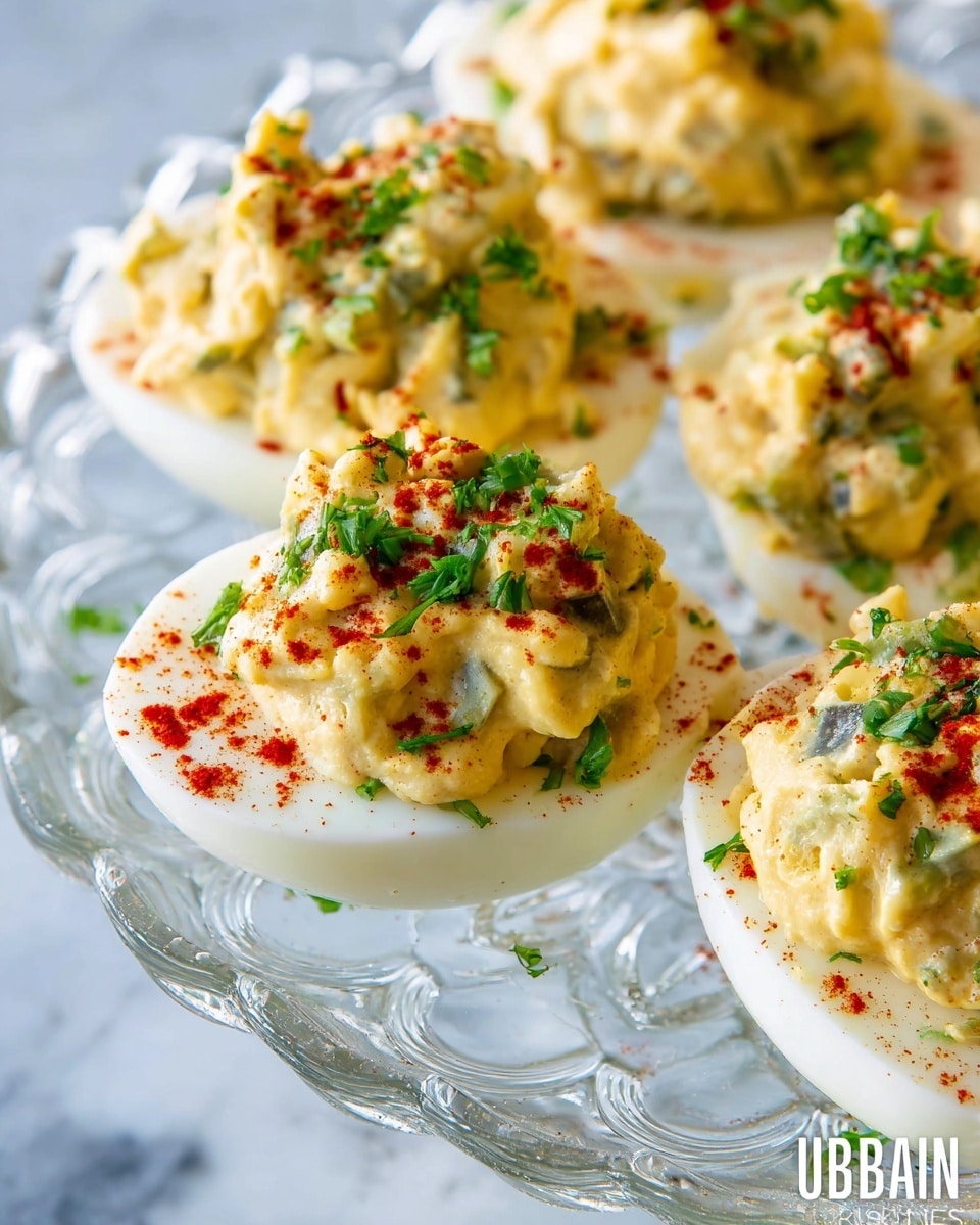 The image shows a close-up of several deviled eggs arranged on a white, detailed glass plate. Each egg is halved, with a smooth white egg white base layer holding a creamy, chunky yellow filling mixed with small pieces of green herbs and bits of other ingredients. The filling is slightly piled up and sprinkled with red paprika and finely chopped green parsley. The plate sits on a white marbled surface, adding a clean and bright look to the image. photo taken with an iphone --ar 4:5 --v 7