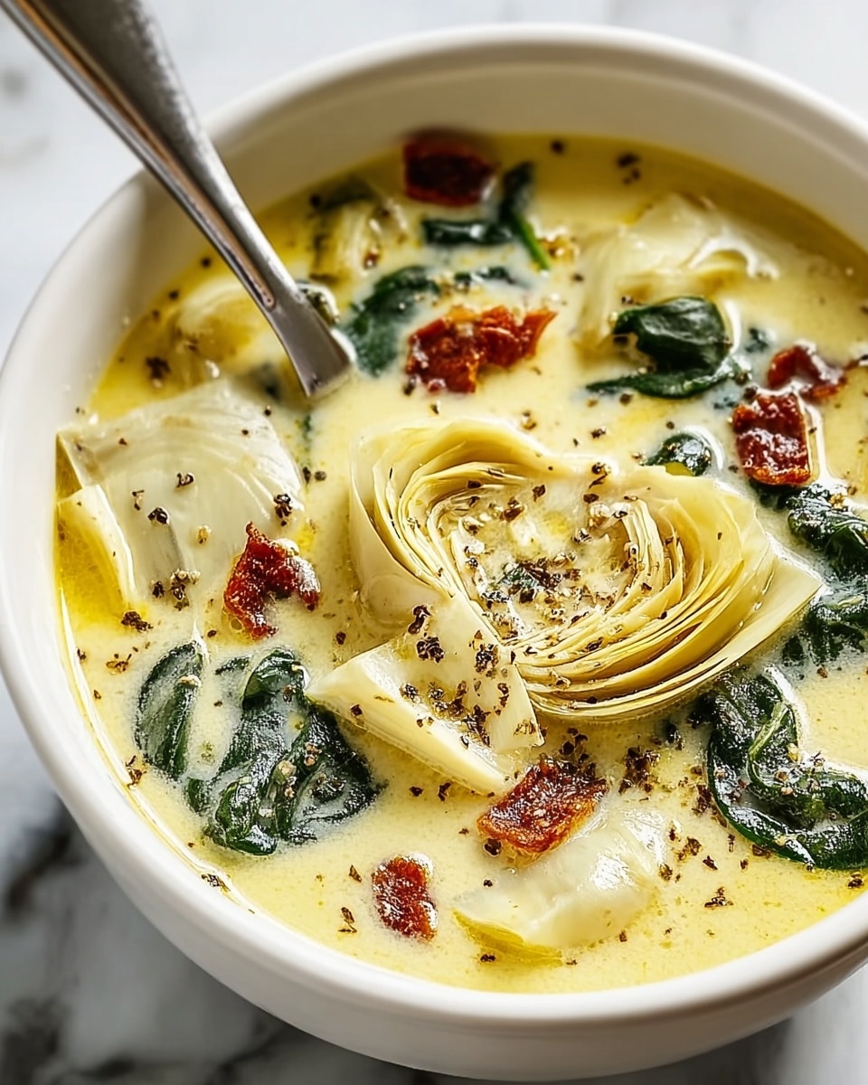 A white bowl filled with creamy yellow soup featuring three main layers visible: the smooth, light yellow broth, large white artichoke hearts with layered texture placed near the center, and scattered dark green spinach leaves. There are small pieces of reddish-brown sun-dried tomatoes or bacon spread around, with a sprinkle of coarse black pepper on top adding texture. A silver spoon rests inside the bowl on the left side, and the bowl is set on a surface with a white marbled texture. Photo taken with an iphone --ar 4:5 --v 7