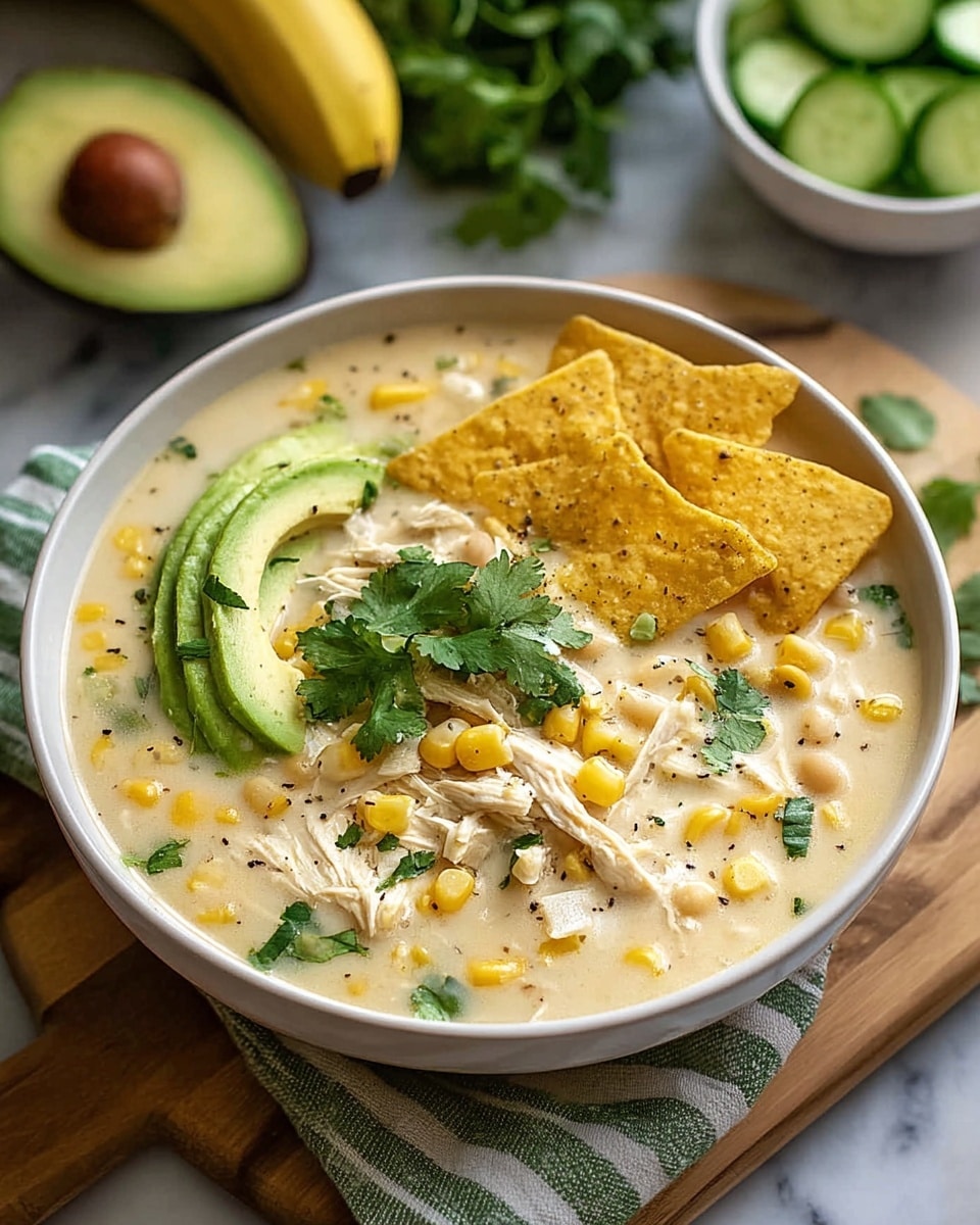 A bowl filled with creamy light yellow soup containing visible white beans and yellow corn pieces throughout, topped with shredded white chicken, fresh green cilantro leaves, a quarter of sliced avocado on one side, and several triangular yellow tortilla chips sprinkled with black pepper arranged on the other side. The bowl is white and sits on a wooden board with a green and white striped cloth partially visible. In the background, there are a halved avocado, a white bowl with cucumber slices, green bell pepper, and two bananas, all on a white marbled surface. Photo taken with an iphone --ar 4:5 --v 7
