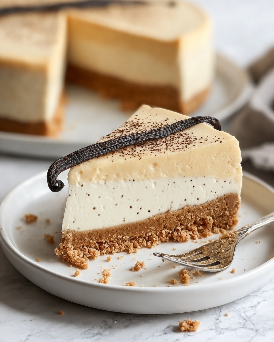 A small round cheesecake is placed on a white plate with a raised rim. The bottom layer is dark brown and crumbly, like chocolate or cookie crust. The middle layer is thick, smooth, and creamy pale yellow, taking up most of the height. The top layer is light and dusted with fine brown powder, possibly cocoa or cinnamon, with a small green leaf and a few dark brown coffee beans in the center for decoration. The plate sits on a white marbled surface. Photo taken with an iphone --ar 4:5 --v 7