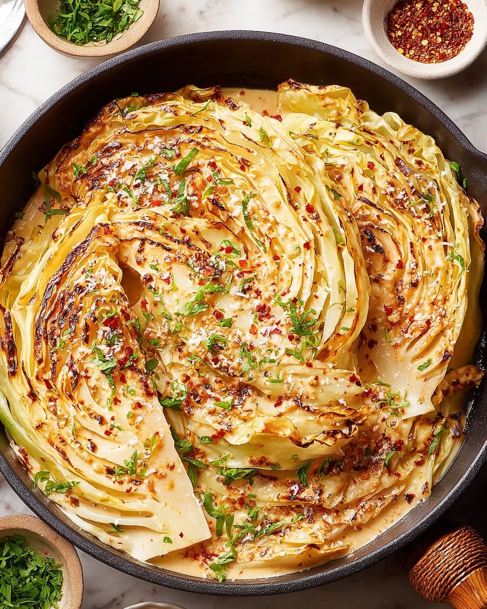 The image shows a close-up of a black skillet filled with four large wedges of cooked cabbage layered tightly with charred edges and creamy sauce covering the surface. The cabbage layers are pale yellow with browned grilled marks and flecks of red pepper flakes scattered on top. Fresh green parsley bits are sprinkled for color, along with a light dusting of grated cheese on the sauce that pools around the cabbage wedges. The skillet rests on a white marbled surface with small dishes of spices placed nearby, adding context to the meal. Photo taken with an iphone --ar 4:5 --v 7