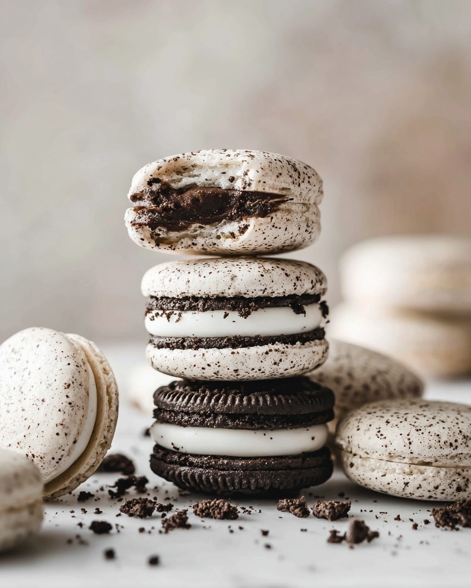 A close-up of a stack of cookies and macarons on a white marbled surface. The bottom layer features two dark chocolate sandwich cookies with white cream filling, slightly crumbly. Above them is a white macaron with dark chocolate filling sandwiched between two speckled, smooth shells. On top is another white macaron, bitten to show the textured light cookie shell with dark chocolate filling inside. Around the stack, there are scattered cookie crumbs and two more whole white macarons. The background is soft and blurred, giving focus to the cookies in the center. Photo taken with an iphone --ar 4:5 --v 7