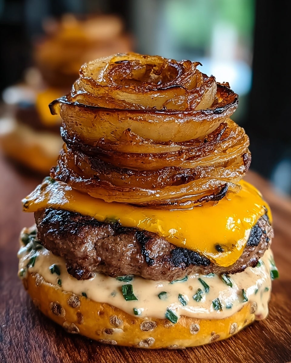 A close-up view of a burger with five visible layers starting from the bottom: a toasted bun with light brown grill marks and specks of green herbs, topped with a creamy sauce that has small green and black flecks. Above the sauce is a thick, juicy beef patty with a charred, brown texture. On top of the patty rests a slice of melted bright orange cheddar cheese. The next layer is a tall stack of golden-brown caramelized onion rings, arranged in a spiral shape, showing a mix of shiny, translucent, and slightly charred edges. The overall presentation is set on a wooden board with a blurred background, capturing the rich textures and colors of the burger. Photo taken with an iphone --ar 4:5 --v 7
