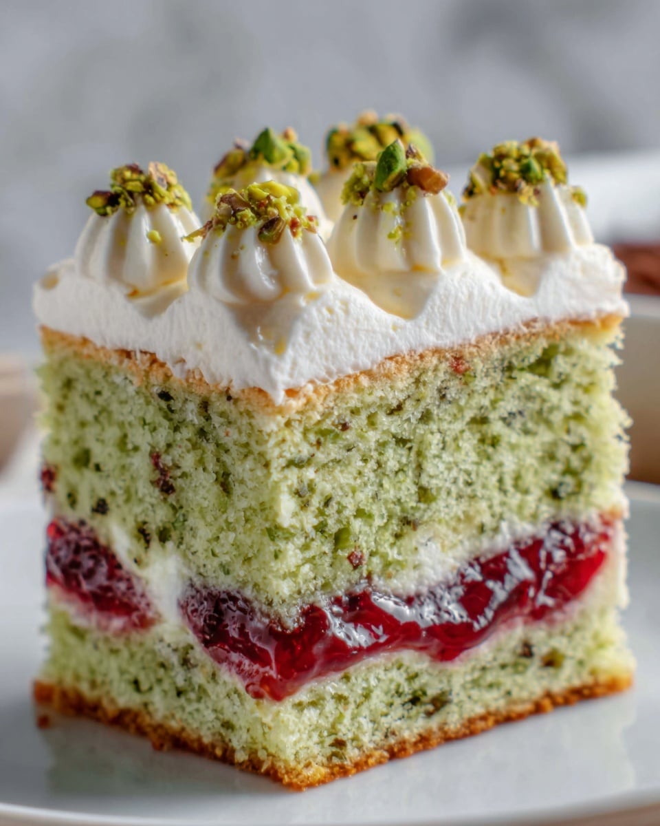 A square piece of cake with three visible layers sits on a white marbled surface. The bottom and top layers are green with a slightly coarse texture, likely from finely chopped nuts or herbs. In the middle, there is a thick, bright red layer of jam with a smooth texture. On top of the cake, there is a generous layer of white cream piped in rounded dollops, each topped with small green pistachio pieces. The overall look is fresh and colorful, with the green, red, and white layers clearly visible. Photo taken with an iphone --ar 4:5 --v 7