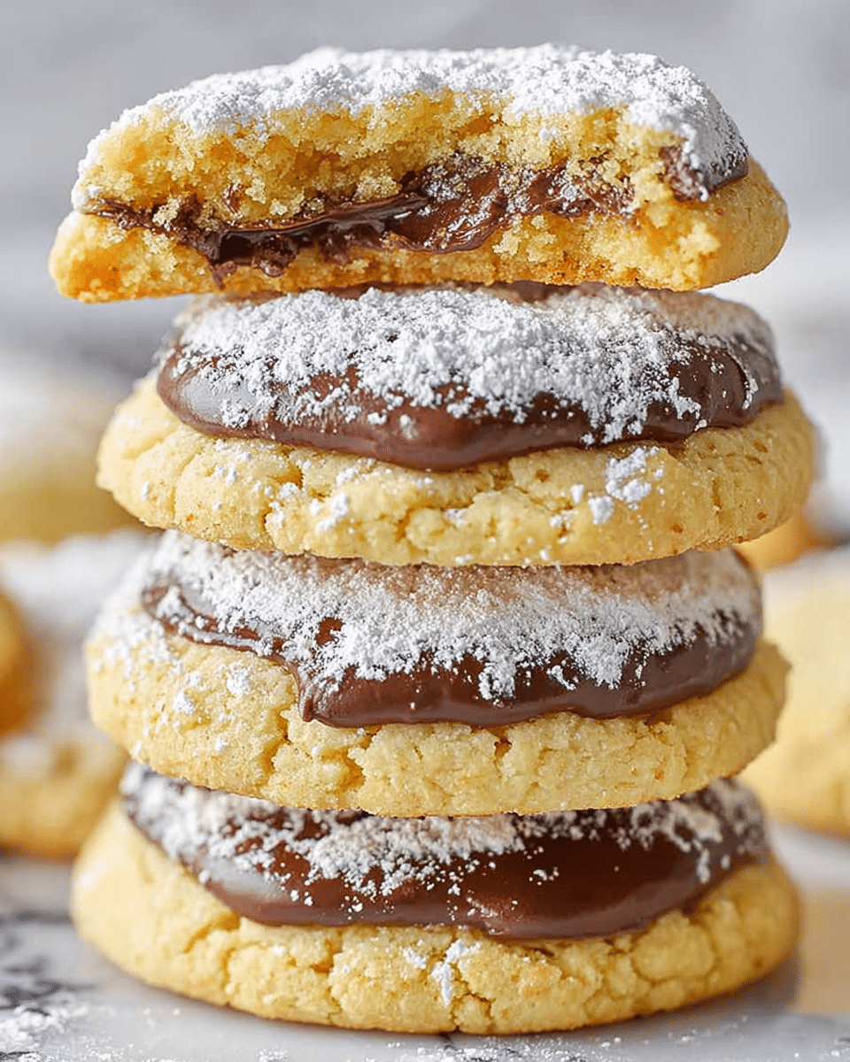 A stack of six cookies sits on a white plate over a white marbled surface, each cookie having a crumbly light brown base with cracks and dusted generously with powdered sugar. Each cookie has a smooth, round, dark brown chocolate center topping that looks creamy and slightly melted. The top cookie in the stack is broken in half, showing the soft, crumbly texture of the cookie with the chocolate topping dripping slightly off the side. More cookies, similarly dusted and topped, are blurred in the background on a wooden tray, creating a cozy and inviting scene. Photo taken with an iphone --ar 4:5 --v 7