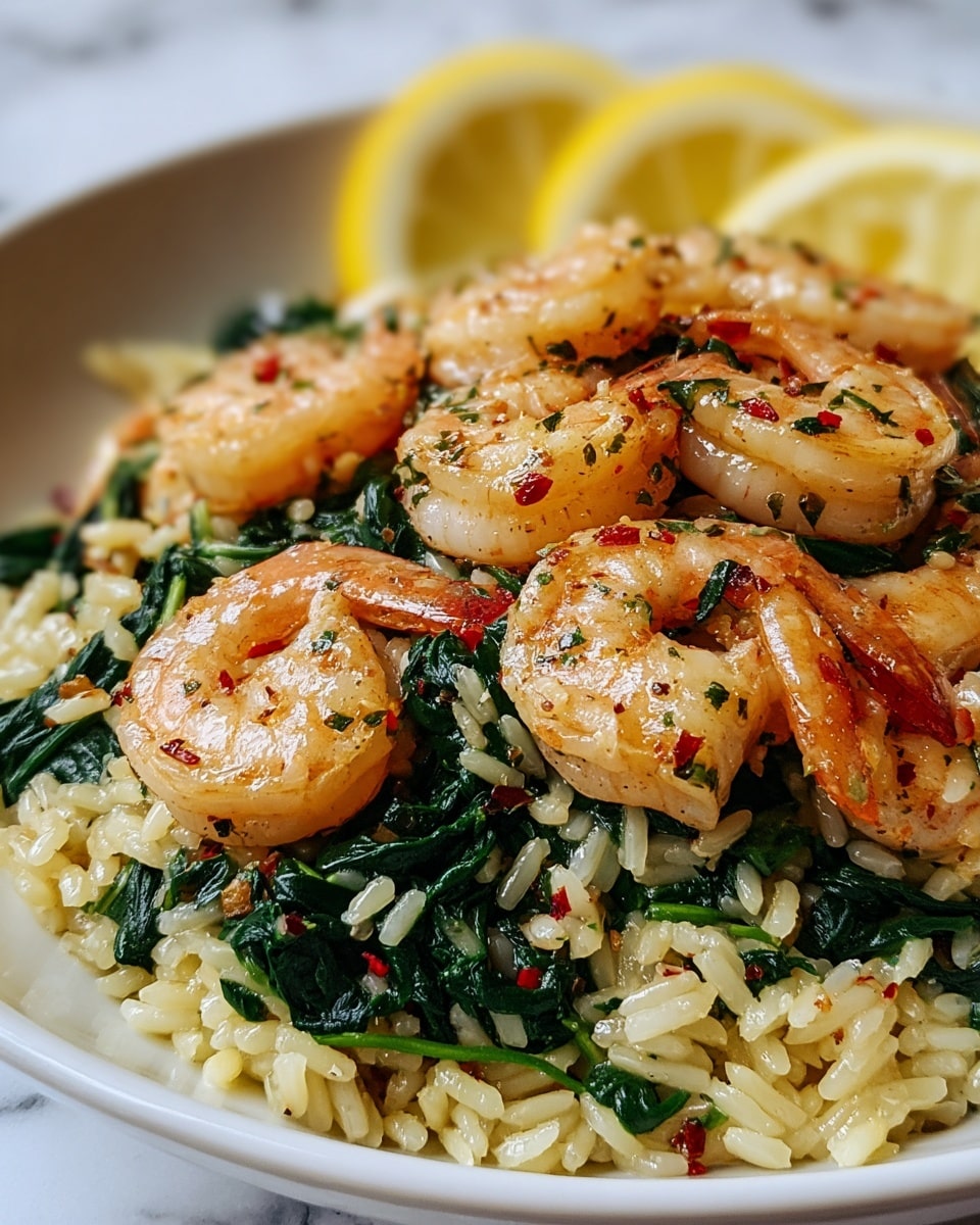 A close-up of a dish in a white plate shows a mix of cooked shrimp, rice, and spinach. The first layer consists of small, light yellow rice grains mixed with dark green, wilted spinach leaves. On top, several medium-sized shrimp sit, each cooked to a light pink color with visible seasoning of herbs and red pepper flakes. The shrimp have a glossy texture, showing they are well cooked and seasoned. In the background, lemon slices are partially visible, adding a touch of bright yellow to the composition. The dish rests on a white marbled surface. photo taken with an iphone --ar 4:5 --v 7